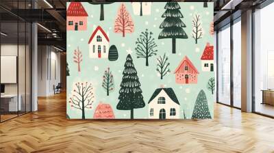 risograph printing illustrator a seamless pattern with cute Christmas trees for festive packaging design Wall mural