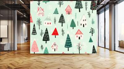 risograph printing illustrator a seamless pattern with cute Christmas trees for festive packaging design Wall mural