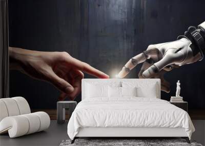 Robot hand making contact with human hand on dark background 3D rendering Wall mural