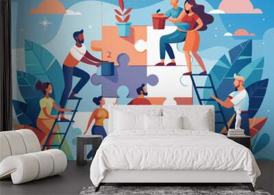 Teamwork problem solving concept, puzzle piece idea solution illustration Wall mural