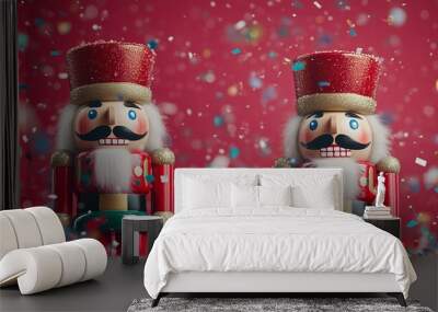 Two wooden nutcracker dolls with flying red gold and green metallic confetti, Christmas theme, red, green, and white colors Wall mural