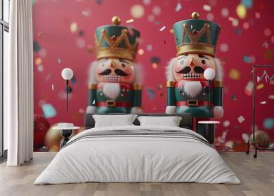 Two wooden nutcracker dolls with flying red gold and green metallic confetti, Christmas theme, red, green, and white colors Wall mural