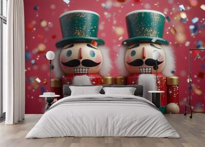 Two wooden nutcracker dolls with flying red gold and green metallic confetti, Christmas theme, red, green, and white colors Wall mural