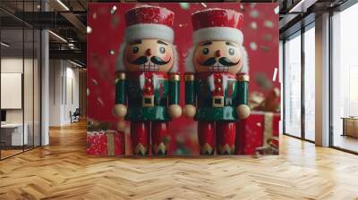 Two wooden nutcracker dolls with flying red gold and green metallic confetti, Christmas theme, red, green, and white colors Wall mural