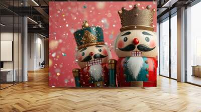 Two wooden nutcracker dolls with flying red gold and green metallic confetti, Christmas theme, red, green, and white colors Wall mural