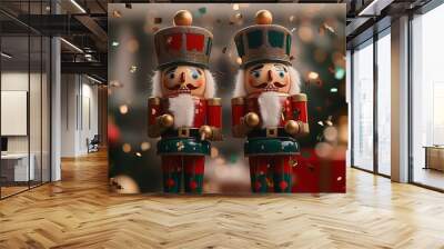 Two wooden nutcracker dolls with flying red gold and green metallic confetti, Christmas theme, red, green, and white colors Wall mural