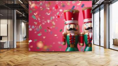 Two wooden nutcracker dolls with flying red gold and green metallic confetti, Christmas theme, red, green, and white colors Wall mural