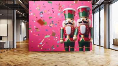 Two wooden nutcracker dolls with flying red gold and green metallic confetti, Christmas theme, red, green, and white colors Wall mural