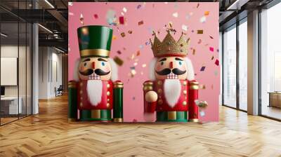 Two wooden nutcracker dolls with flying red gold and green metallic confetti, Christmas theme, red, green, and white colors Wall mural