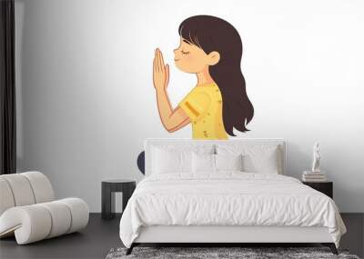 Cartoon girl doing yoga, white background, clip art style, cute and simple design with pastel colors, wearing leggings, on the floor in full length, side view, yoga pose with hands together in prayer  Wall mural