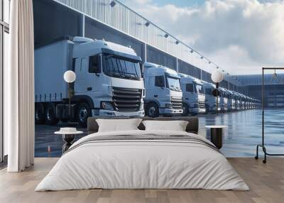 Close up fleet of trucks parked in front of warehouse to delivering factory goods. AI generated Wall mural