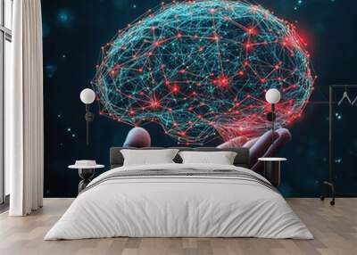 Hand holding human brain with point networks, artificial intelligence concept Wall mural