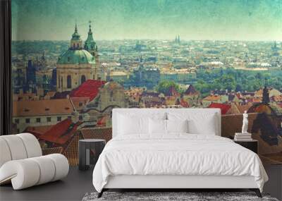 Roof tops of the old city of Prague, Czech Republic. Vintage, distressed textured effect Wall mural