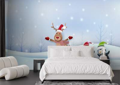 Deer and penguin skating in winter season paper art, paper craft style illustration Wall mural