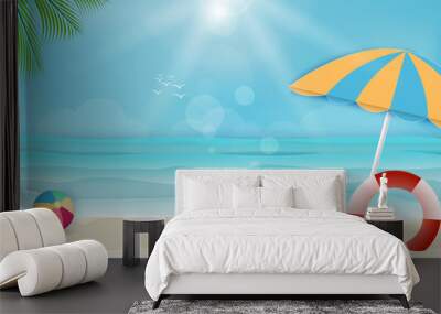 Summer holiday beach background, nautical concept. Paper art, paper craft style illustration Wall mural