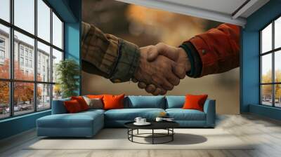 A firm handshake between two adult men of different ethnicities outdoors, symbolizing agreement and partnership. Wall mural