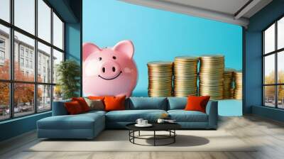 A smiling pink pig piggy bank next to a stack of gold coins, isolated on a blue background Wall mural