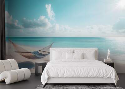 A tranquil tropical beach backdrop featuring a beach swing or hammock, white sand, and a serene sea, ideal for relaxation and summer holidays in the Bahamas Wall mural