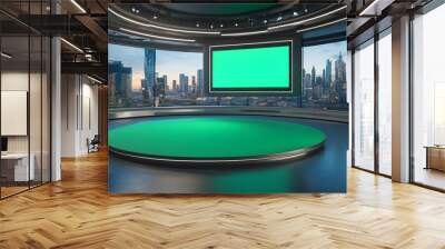 A virtual TV studio news set with a green screen background, featuring modern design elements and versatile setup for broadcasting Wall mural