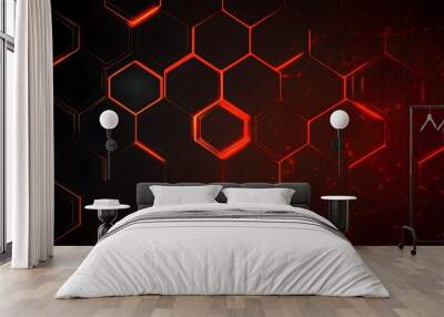 Abstract dark hexagon pattern on red neon background in a technology style Wall mural