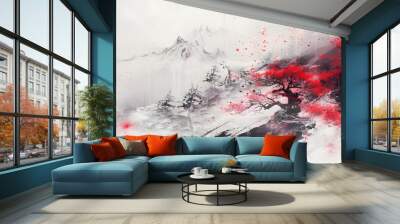 Black and red ink painting of a landscape with Japanese oriental style. Wall mural