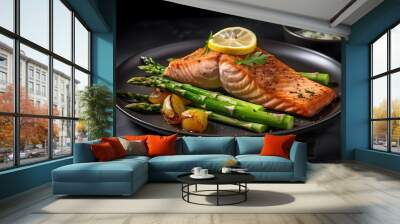 Delicious pan-fried salmon fillet presented with lime and asparagus on a well-organized platter.
 Wall mural