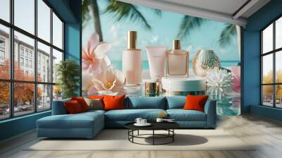 Elegant arrangement of skincare, spa, beauty, and perfume products set against a luxurious backdrop Wall mural