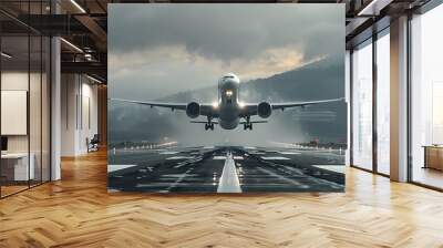 Front view of a passenger airplane on the runway, ready for takeoff. Wall mural