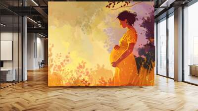 Illustration of a pregnant woman holding her belly. Wall mural