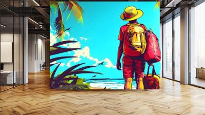 Illustration of a traveler. Cartoon style with cheerful color template. Wall mural