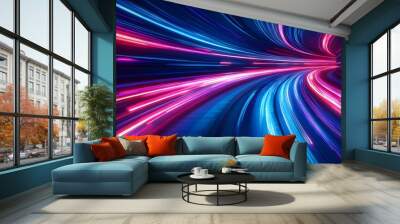 Modern abstract high-speed movement with dynamic motion light trails on a dark blue background Wall mural