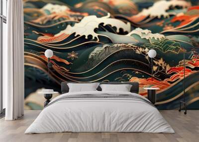 Oriental Japanese style of wave in abstract illustration. Wall mural