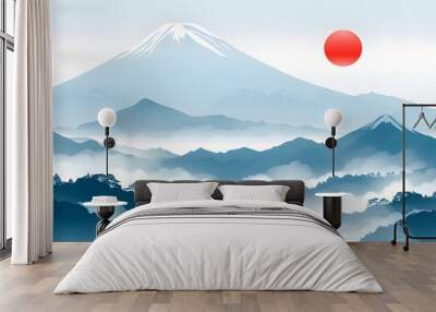 Sun above the mountain with Japanese style.  Wall mural