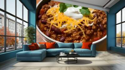 Traditional Mexican Chili Con Carne, featuring hearty minced meat and tender red beans simmered in a rich, flavorful sauce. Wall mural