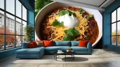 Traditional Mexican Chili Con Carne, featuring hearty minced meat and tender red beans simmered in a rich, flavorful sauce. Wall mural