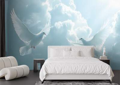 White doves soaring in the sky, representing peace and spirituality. Wall mural