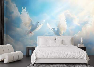 White doves soaring in the sky, representing peace and spirituality. Wall mural