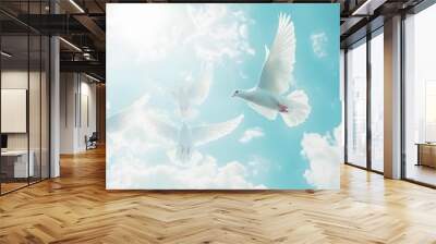 White doves soaring in the sky, representing peace and spirituality. Wall mural