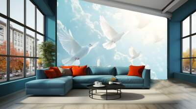 White doves soaring in the sky, representing peace and spirituality. Wall mural