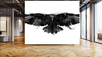 isolated black and white illustration of a flying bird crow front Wall mural