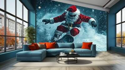 Santa Claus snowboarding in a winter forest during a snowfall Wall mural