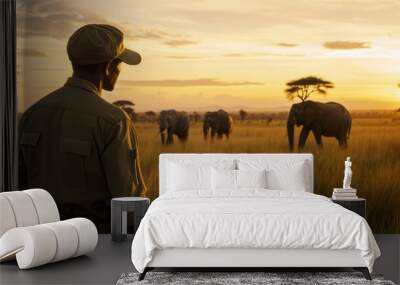 Wildlife ranger observes elephants in the savannah at sunset in Africa Wall mural