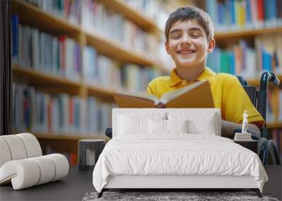 Young boy in a wheelchair enjoying a book in a library setting Wall mural