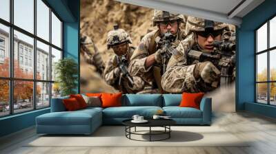 A group of soldiers in war action on a desert battlefield. Wall mural