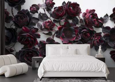 Bouquet of dark red black roses on white background Wall mural