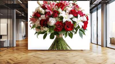 Bouquet of red white blooming flowers and green leaves isolated on white background Wall mural