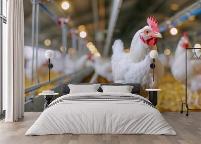 Close up view of white feather broiler chicken inside modern chicken farm cage. Wall mural