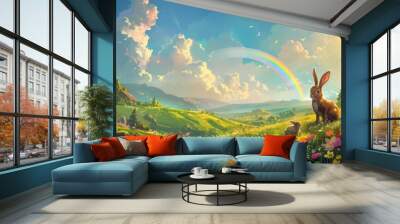 Flowering grass garden in spring Illustration design, with a beautiful rainbow view, children's themed background. Wall mural