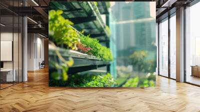 Green spinach vegetable plants on a modern hydroponic farm shelf. Wall mural