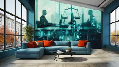 Lawyer and legal business office. Illustration of a double exposure background of people meeting in an office room with silhouette of court scales. Wall mural